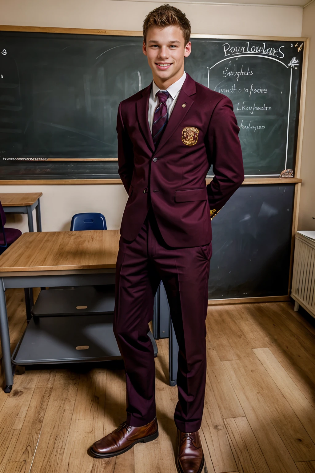 classroom of a private school, standing beside student desk, preppy, smiling, RyanKutcher, wearing (maroon youngroyals uniform), (((full body portrait))), wide angle <lora:RyanKutcher:0.8> <lora:youngroyals_lora:0.75>