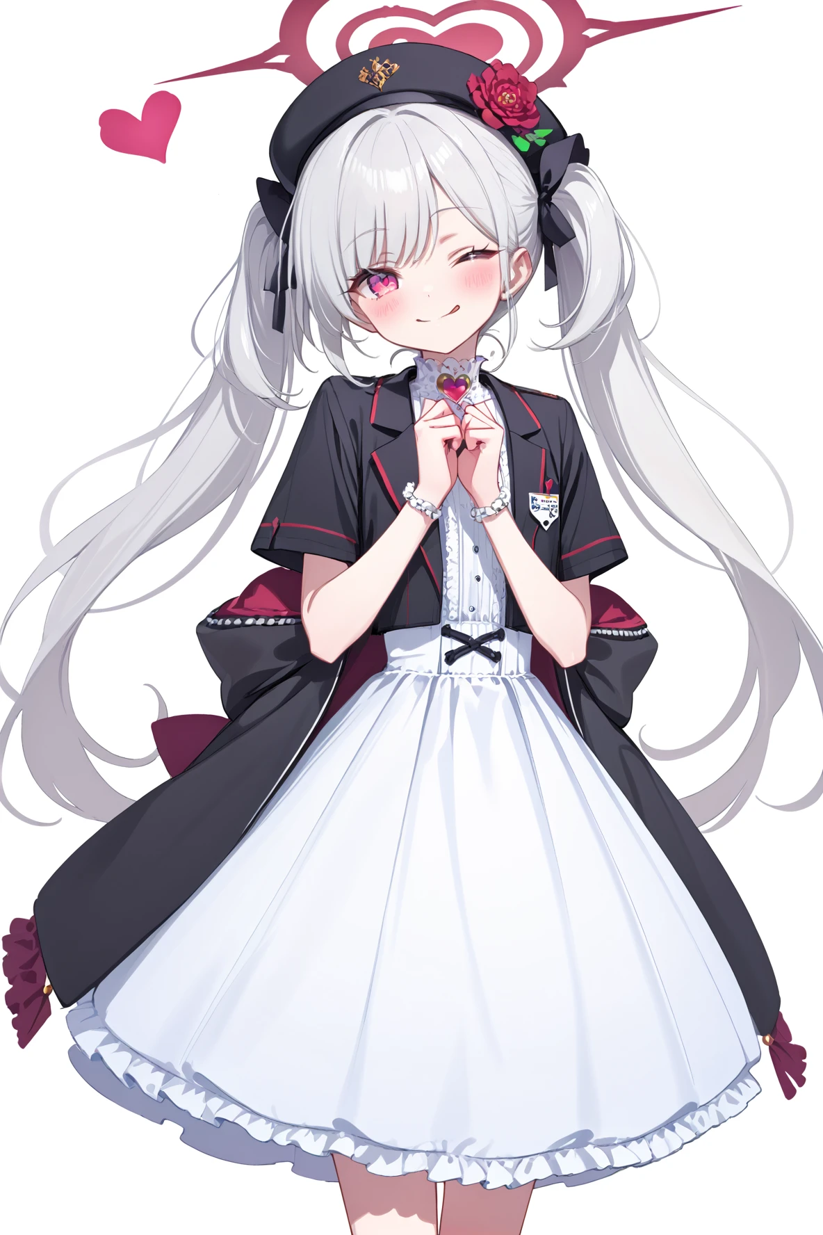 gomyon, 1girl, bangs, black jacket, blush, closed mouth, dress, eyebrows visible through hair, hat, heart, jacket, jewelry, long hair, looking at viewer, one eye closed, short sleeves, silver hair, simple background, smile, solo, tongue, tongue out, twintails, very long hair, white background <lora:Gomyonbrite:0.7>