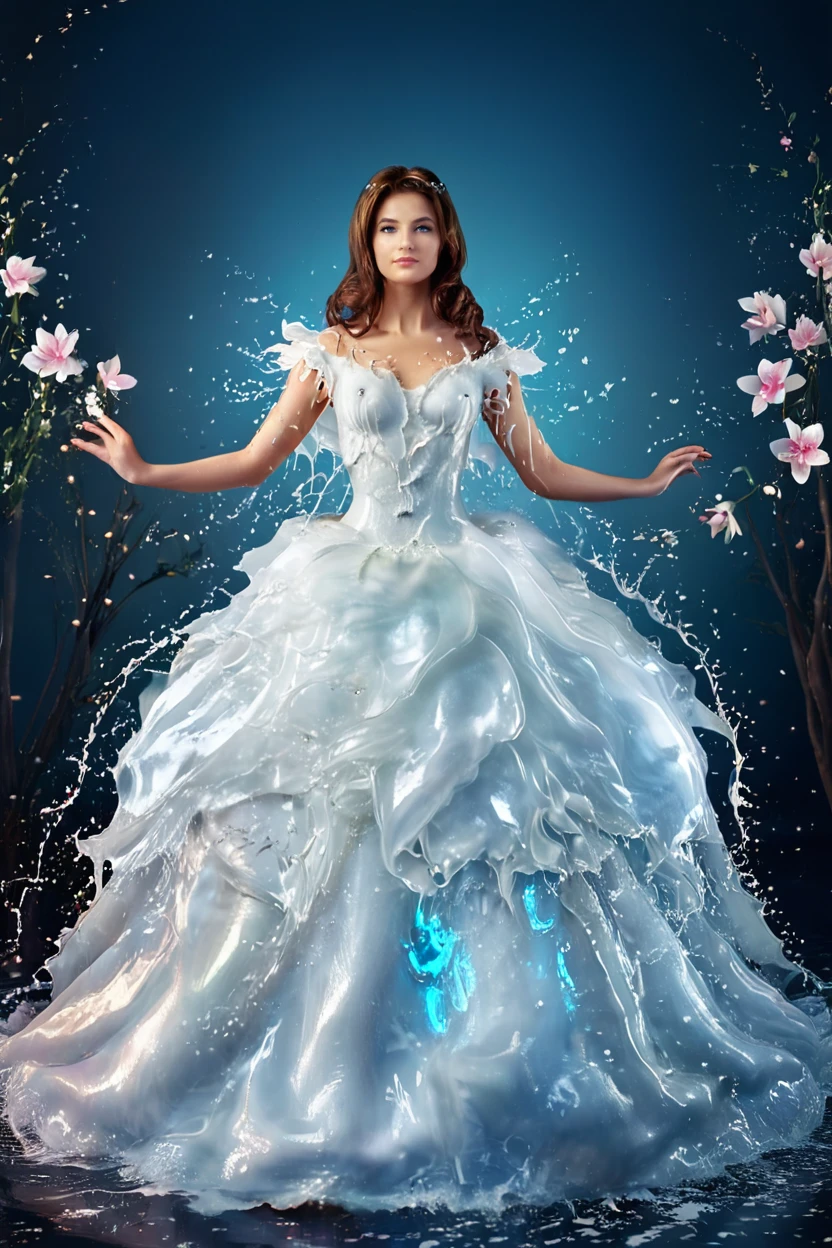 angelic 30 year old woman anzhela in enigmatic elegant tulle ball gown with 3d flowers made of liquid splash <lora:aurumLight:1> . 35mm photograph, film, bokeh, professional, shot by cindy lou howe, 4k, highly detailed