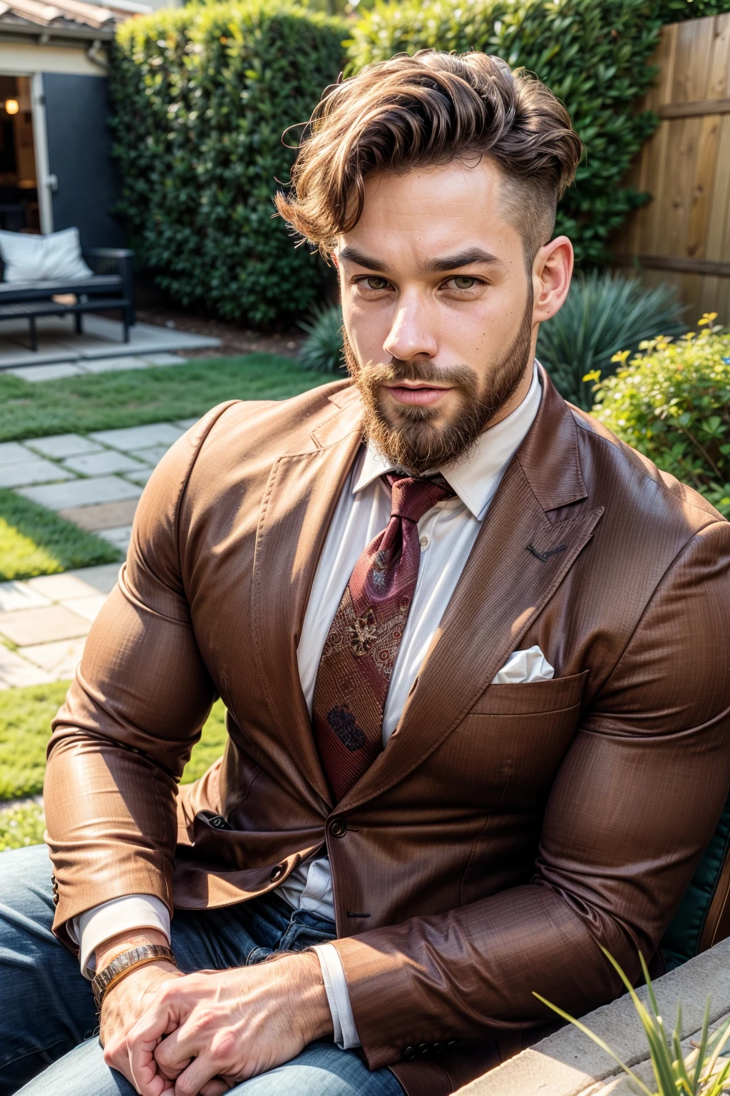 bconor, looking at you, hipster beard, brown hair, muscular, elegant, (shirt), necktie, jacket, smile, garden, sitting <lora:more_details:0.8>, <lora:Ben_Conor:0.8>