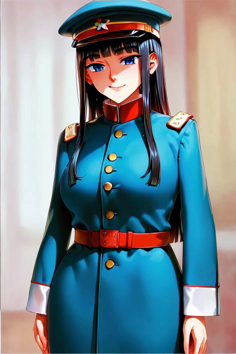 score_9,score_8_up,score_7_up,score_6_up,masterpiece,best quality,absurdres,high resolution,extremely detailed,zPDXL2,anime,game cg,traditional media,1girl,solo,<lora:Koume_Keito_PonyXL_dim32:1>,<lora:zhiliarmy-XLpony-v1:1:lbw=1,1,1,1,1,1,1,1,1,1,0.5,0.5>,black hair,long hair,blunt bangs,hime cut,blue eyes,light smile,looking at viewer,large breasts,indoors,east asian architecture,buttons,military,military uniform,peaked cap,uniform,Cerulean uniform,ZAU,cap badge,hat badge,five color star badge,red collar,zhili army uniform,red line,leather belt,hand on own hip,