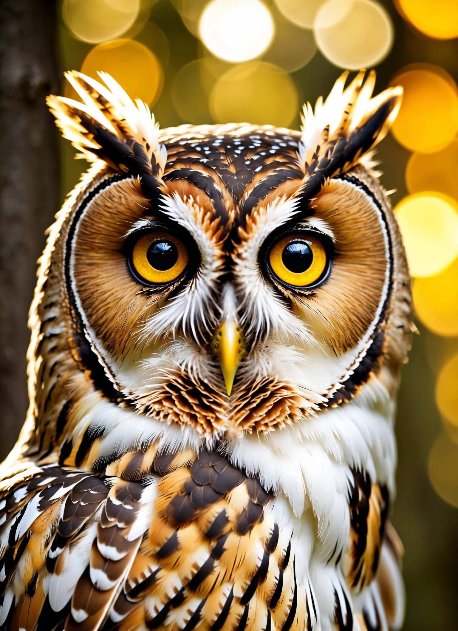 (Curious owl expression close-up:1.2), Symmetrical face composition, Large amber-yellow eyes, Small brown beak, (Fluffy white plumage:1.2), Pronounced eyebrows, Blurred woodland setting, Soft and warm illumination