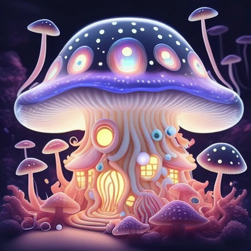 fantasy, lots of jellyfish, jelly, tentacles, jellyfish house, bright, mushroom house, jelly-like, smooth, big eyes, marine, house inside a jellyfish, deep-sea, jellyfish, luminous, airy, Mushroom jellyfish