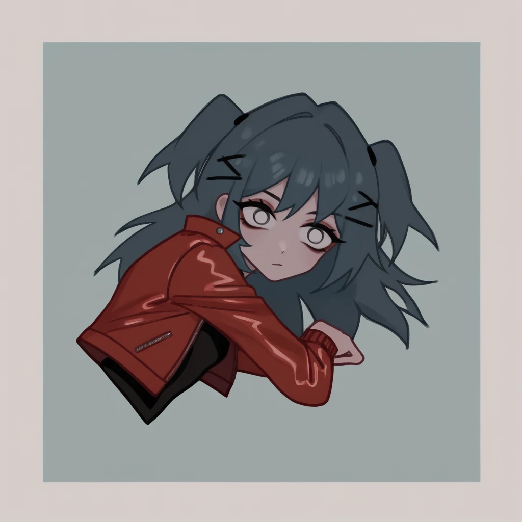 solo, Laceys_game, 1girl, two side up, black top, red leather jacket, score_5_up, score_4_up, on side, <lora:Laceys_game:1.0>