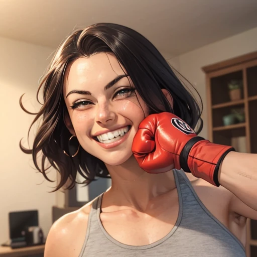 punch in the face, 1girl, mid-thirties, indoor in background, close up, grin, , <lora:Punch_in_the_face:1.0>