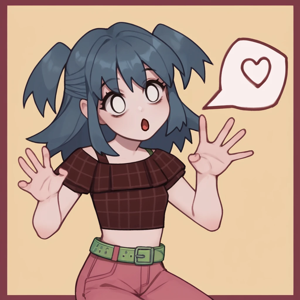 solo, Laceys_game, 1girl, two side up, pink pants, green belt, burgundy checkered crop top, cute pose, score_5_up, score_4_up, score_6_up, on side, blowing kiss, <lora:Laceys_game:1.0>
