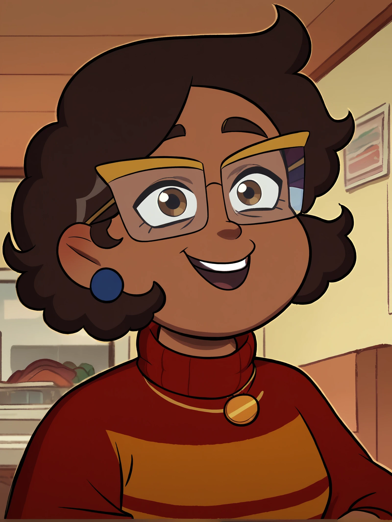 Camila, 1girl, brown hair, curly hair, solo, glasses,jewelry, earrings, smile, brown eyes, sweater, blue pants,indoors, open mouth <lora:CamilaPony1.0:1.0>, score_9, score_8_up, score_7_up, score_6_up, score_5_up, score_4_up, looking at viewer,, zPDXL <hypernet:bad-hands-5:1>