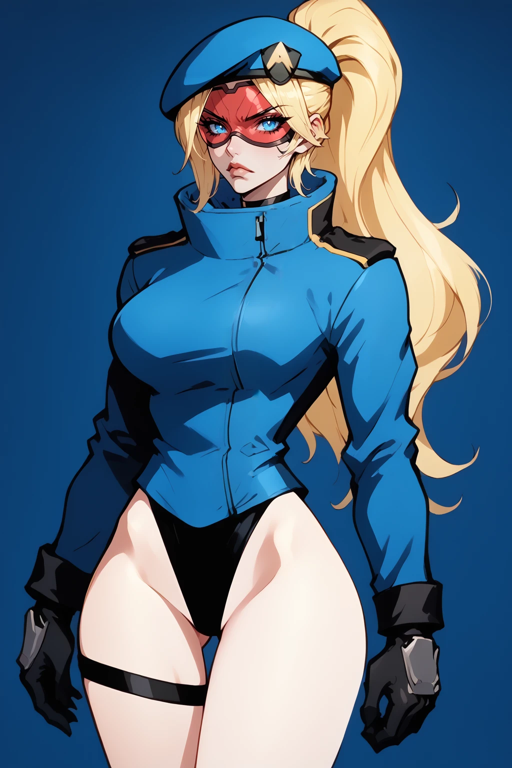 score_9, score_8_up, score_7_up, jemdzridpxl <lora:JoeMadPDXL:1>, BREAK
1girl, solo, portrait, femcop<lora:Pure_Onyx_-_FemCop:0.9>, blonde hair, ponytail, beret, red goggles, ((jacket)), leotard underneath, black gloves, single thigh strap, knee boots, BREAK
large breasts, small waist, narrow waist, (wide hips), thin, blue jacket, blue beret, choker, blue eyes