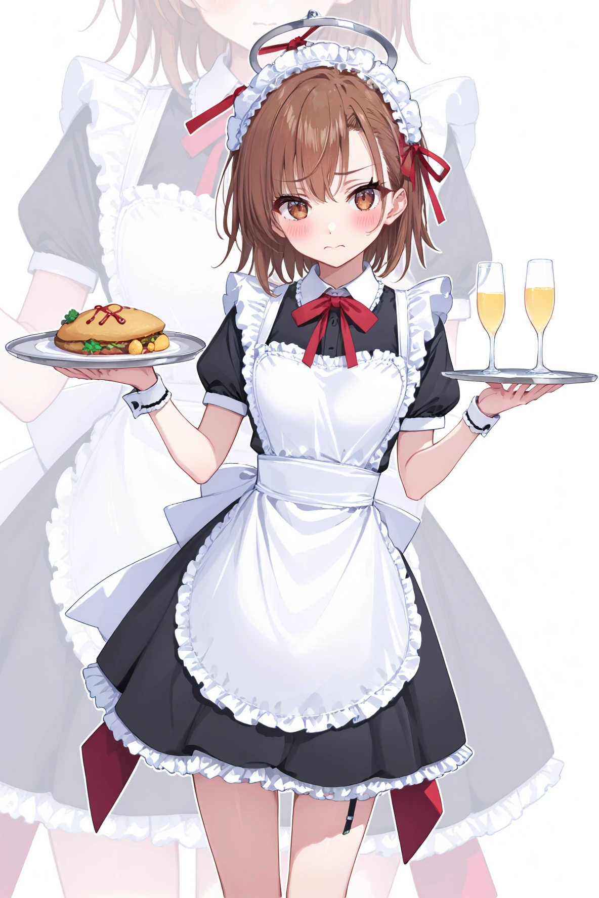 gomyon, 1girl, apron, black dress, blush, brown eyes, brown hair, closed mouth, dress, enmaided, frilled apron, frills, holding tray, looking at viewer, maid, maid apron, maid headdress, misaka mikoto, neck ribbon, red ribbon, ribbon, short sleeves, simple background, solo, tray, white apron, white background <lora:Gomyonbrite:0.7>