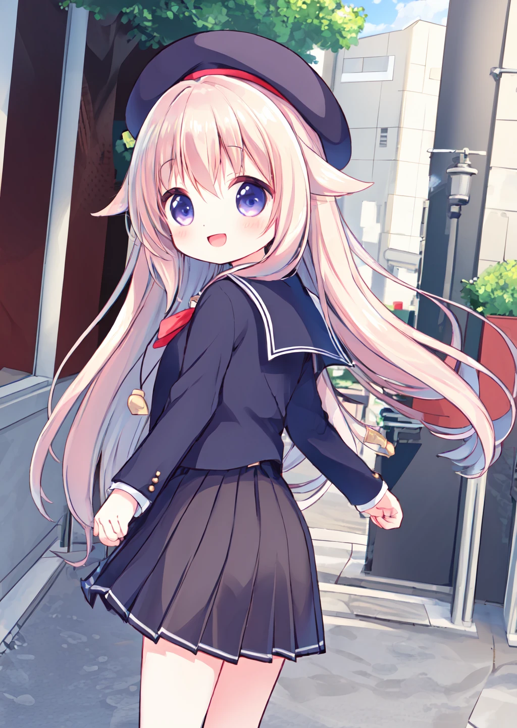 lingjia,standing,school uniform,uniforms,beret,kind_smile,dutch angle,outdoors,looking back,open mouth,blush,spread arms,sense of strength,<lora:lingjia_v4.1:0.7>,, (masterpiece, best quality,:1.2)