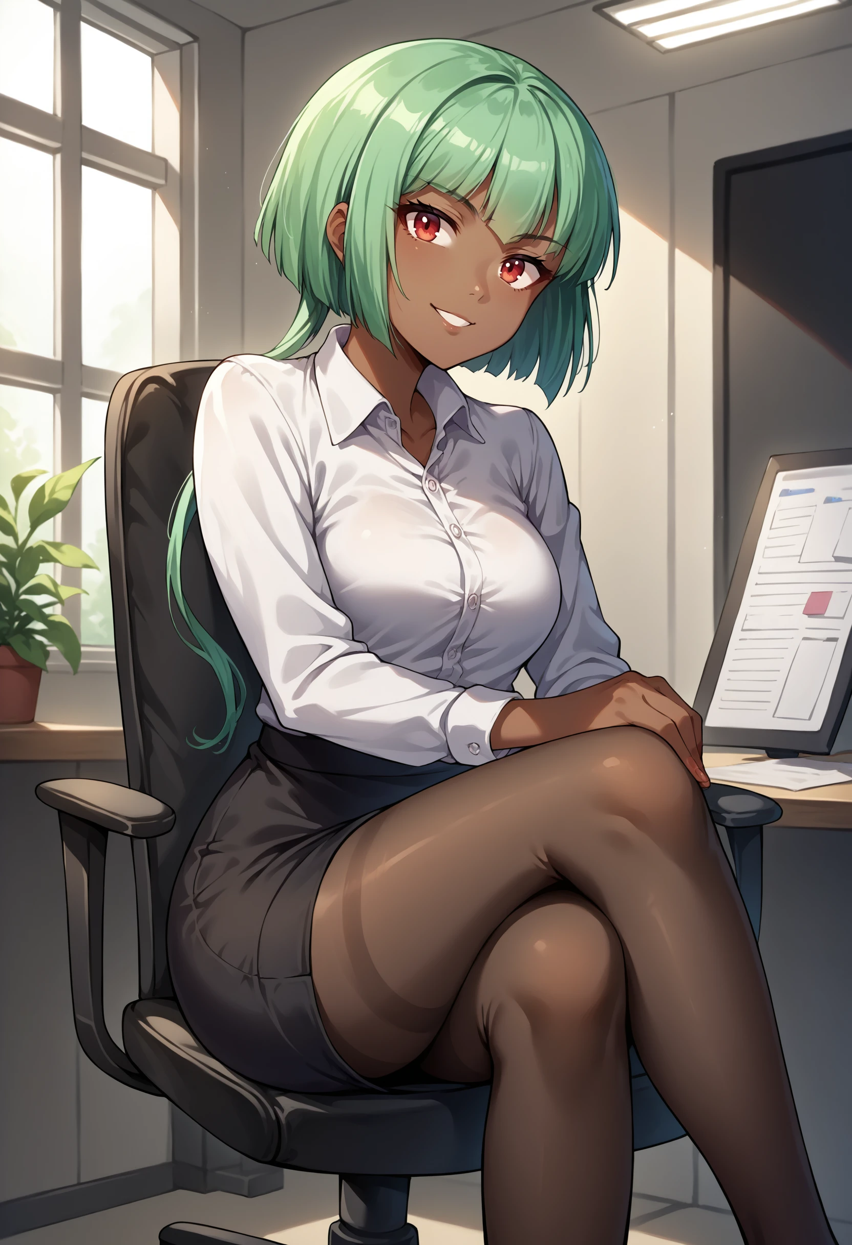 score_9, score_8_up, source_anime, 1girl, solo, EmeraldSustrai, dark skin, short hair with long locks, indoors, office lady, office chair, sitting, crossed legs, miniskirt, black pantyhose, dress shirt, smile, <lora:ChamEmeraldSustraiPonyXL:1>