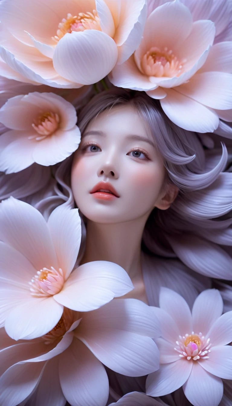 <lora:xl-shanbailing-24-0411advanced gray series_4:0.8>,bailing_matte,matte,flower,advanced gray series,(1girl:1.2),huge flowers,from below,best quality,32k,RAW photo,incredibly absurdres,extremely detailed,delicate texture,the big wave of massive flowers and massive petals is swallowed up,fantasy,fairy tale,pastel color,motion-blur,action-lines,