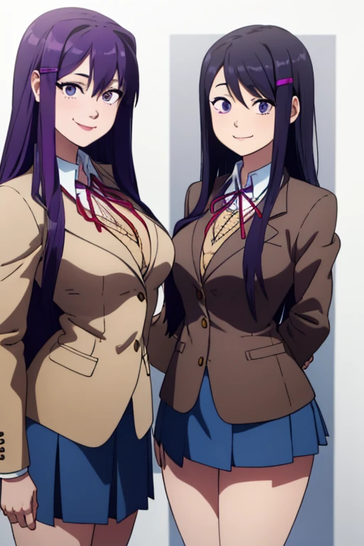 <lora:inker-10:1> inker, 1girl, busty, <lora:ddlcyuritest:1> ddlcyuri, hair ornament, hairclip, long hair, (purple eyes:1.1), purple hair, grin, smile, blazer, blouse, blue skirt, jacket, brown jacket, miniskirt, neck ribbon, ribbon, school uniform, shirt, skirt, white shirt, wing collar,, masterpiece, best quality
