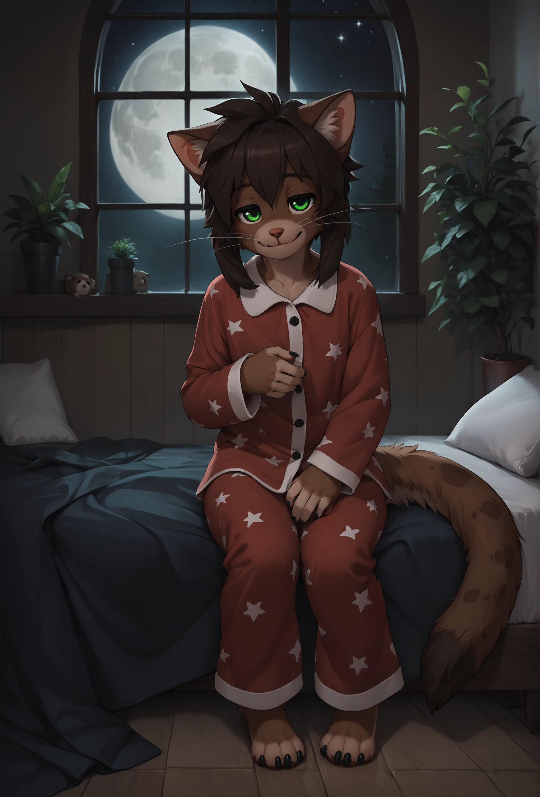 score_9, score_8_up, score_7_up, score_6_up, score_5_up, score_4_up, indoors, potted plant, window, bedroom, starry sky, night, full moon, realistic, source_furry, <lora:Anime Summer Night Style SDXL_LoRA_Pony Diffusion V6 XL:0.5> dark theme, low light, BREAK
<lora:twix_fluffkevlar_ponyXL_v1.3_0.99:1> twix, 1boy, solo, furry, tail, whiskers, brown hair, medium hair, green eyes, half-closed eyes, sleepy, smile, closed mouth, looking at viewer, pajamas, long sleeves, on bed, sitting, full body, blanket, pillow, stuffed toy, black claws