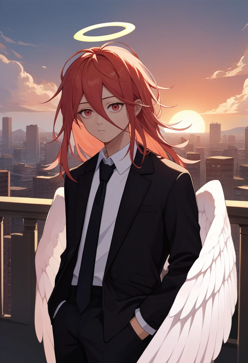 score_9, score_8_up, score_7_up, source_anime, solo, male focus, 1boy, angeldevil, expressionless, looking at viewer, hands in pockets, red hair, halo, red eyes, formal, black suit, black jacket, suit jacket, white shirt, collared shirt, black necktie, long sleeves, black pants, white wings, angel wings, sunset, outdoors, cloud, city street <lora:csm_angeldevil_ponyXL:1>