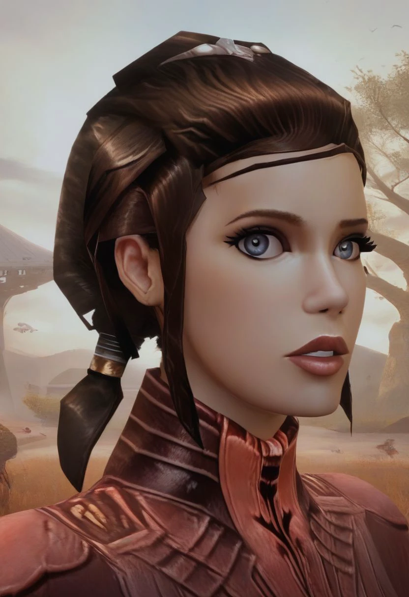 score_9, score_8_up, score_7_up, photo of bstlshn, brown hair, twin ponytail updo, grey eyes, orange jedi outfit, leather armor, portrait, (looking at viewer), parted lips, shy look, parted lips, masterpiece, slim figure, petite, pale skin, indoors, star wars environment, alien landscape, trees, yelow grass, shadowy, side lighting, warm lights, by loish