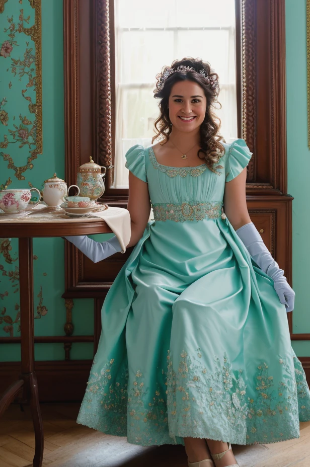 RAW photo, subject, 8k uhd, dslr, soft lighting, high quality, film grain, Fujifilm XT3, professional photo, (detailed skin:1.3), high quality, woman sitting at a beautiful ornate table next to a window drinking tea, table decor, beautiful wallpaper, wooden panels on the walls, dress with lots of fabric layers, hair ornament, wavy hair, expressive gaze, looking just beyond the camera, {smiling just slightly:0.6}, solo focus, <lora:Bridgerton_Dresses:0.62> , bridgerton dress, empire waist, bridgerton clothing, gloves, pastel colors, limited palette, light purple, light turquoise, pastel teal, aqua, hard shadows, lavender dress,