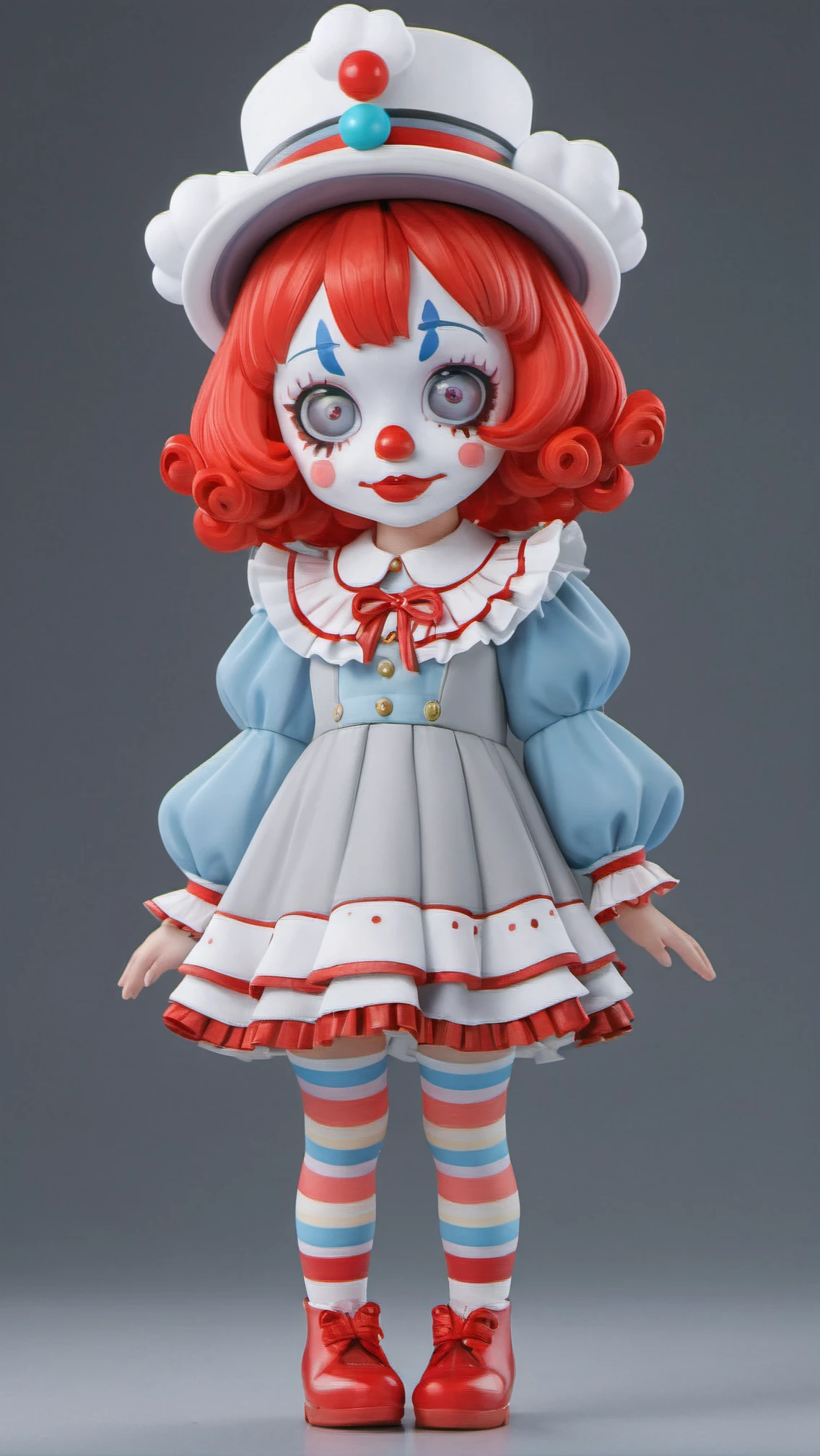 clown, solo, red hair, 1girl, puffy sleeves, grey skin, blue eyes, long sleeves, gradient background, gradient, heterochromia, white skin, hat, colored skin, full body, chibi, facepaint, dress, frills, looking at viewer, standing, stitches, virtual youtuber, bangs, red eyes, grey background, shoes, facial mark, curly hair, short hair, boots, XCYP Trendy Play, Rich in Detail, Ultra High Resolution, 32K UHD, Best Quality, Masterpiece