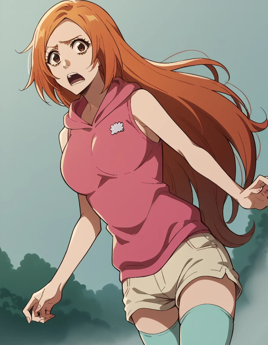 score_9, score_8_up, score_7_up, source_anime,
inoueorihime, <lora:inoue-orihime-tybw-ponyxl-lora-nochekaiser:1>,
inoue orihime, long hair, orange hair, brown eyes,
thighhighs, shorts, sleeveless, hood, hoodie, pink hoodie,
scared, <lora:fog-ponyxl-lora-nochekaiser:1>, fog,
looking at viewer, cowboy shot, dutch angle, solo,