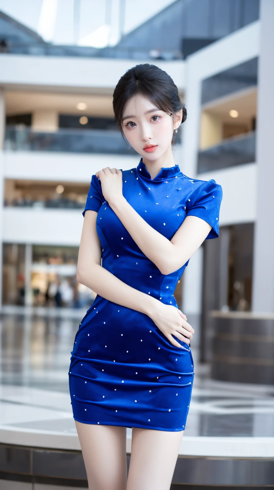 (masterpiece, best quality:1.2),bright colors,solo,photo_,(1girl:1.3),(standing:1.3),(looking at viewer:1.4),Elegant,detailed gorgeous face,(upper body:1.1),realistic,(mall background:1.4),,MIS,blue dress,thighhighs,short sleeves,<lora:MIS69:0.75>