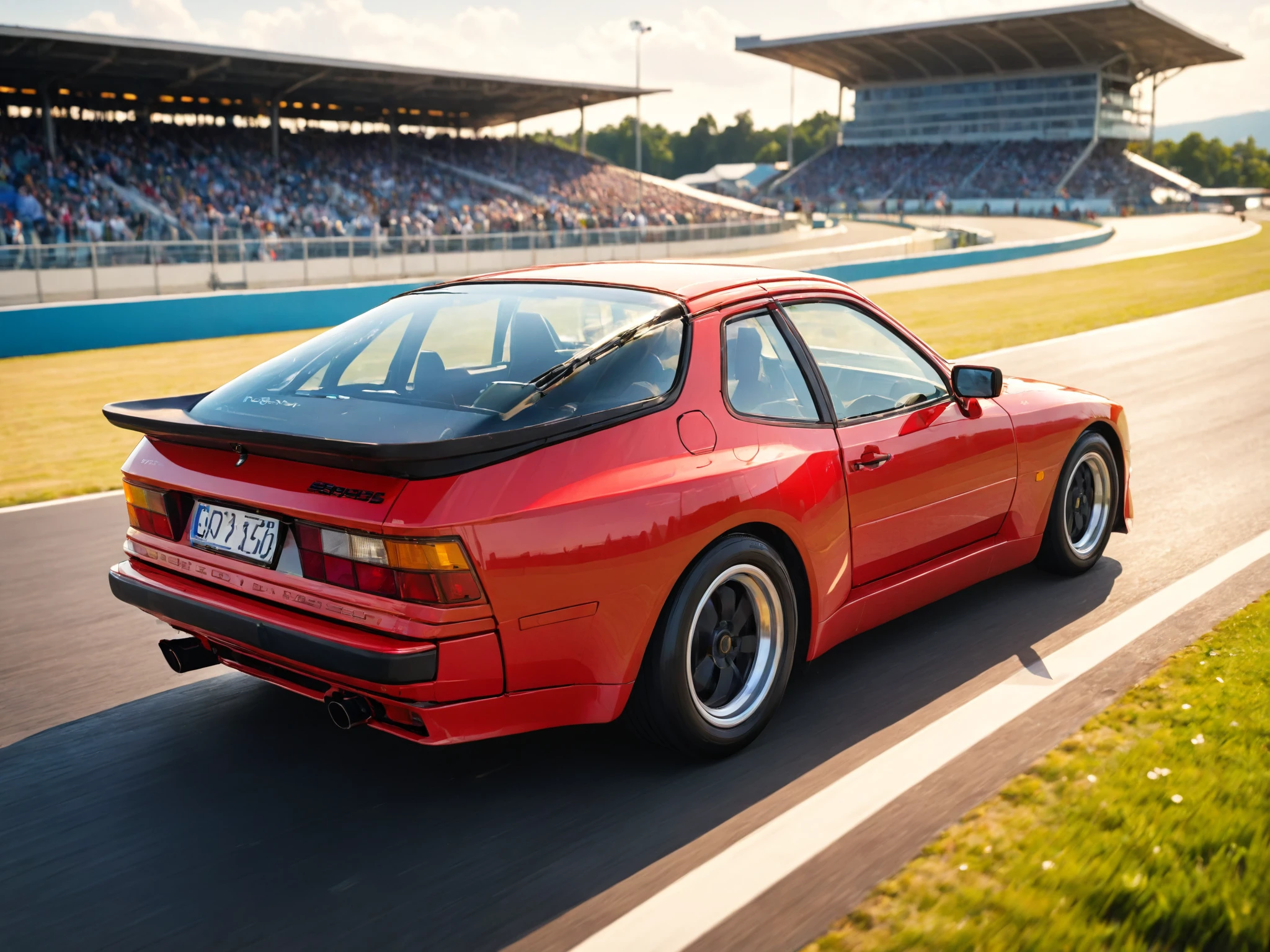 cinematic film still anime artwork red 80s german sport coupe car, riding on a racetrack, with stands full of people and a clear, sunny sky in the background still, epic full car shoot<lora:add-detail-xl:1>  <lora:Porsche 944 Targa - 80s german sport coupe car:1> . anime style, key visual, vibrant, studio anime, highly detailed . shallow depth of field, vignette, highly detailed, high budget Hollywood movie, bokeh, cinemascope, moody, epic, gorgeous, film grain, grainy