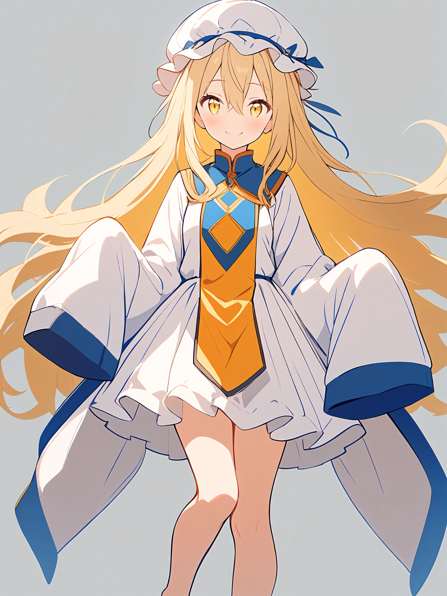 1girl,
solo, full body, long hair, simple background, barefoot, sleeves past fingers, closed mouth, dress, sleeves past wrists, looking at viewer, wide sleeves, blonde hair, white background, mob cap, smile, blush, white hat, tabard, white dress, long sleeves, hat, hair between eyes, yellow eyes,
masterpiece, best quality, safe
<lora:mki-ani31-TMND-v2-000050:1>