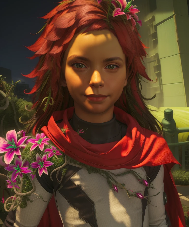 Ivysqq,red hair,black sclera,hair flower,long hair,
bodysuit,red cape,close up,upper body,
night,large plants,green mist,vines,
light smile,gotham city,
(insanely detailed, masterpiece, best quality),solo,<lora:IvySSQ:0.9>,