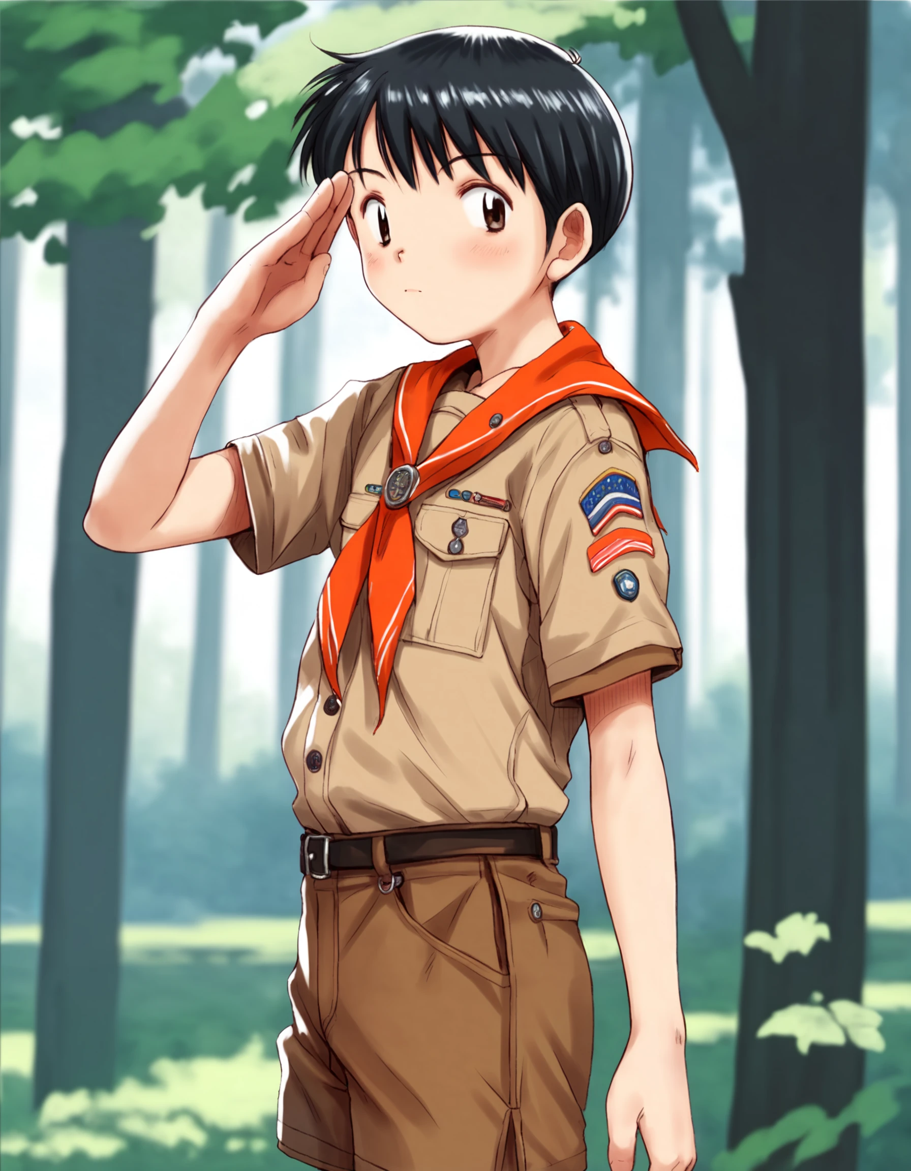 score_9, score_8_up, score_7_up, score_6_up, source_anime, outdoors, forest, from side, 1boy, solo, black hair, brown eyes, scout uniform, brown shirt, brown shorts, neckerchief, standing, looking at viewer, salute <lora:boys_factoryXL_AMXL_v3b:1>