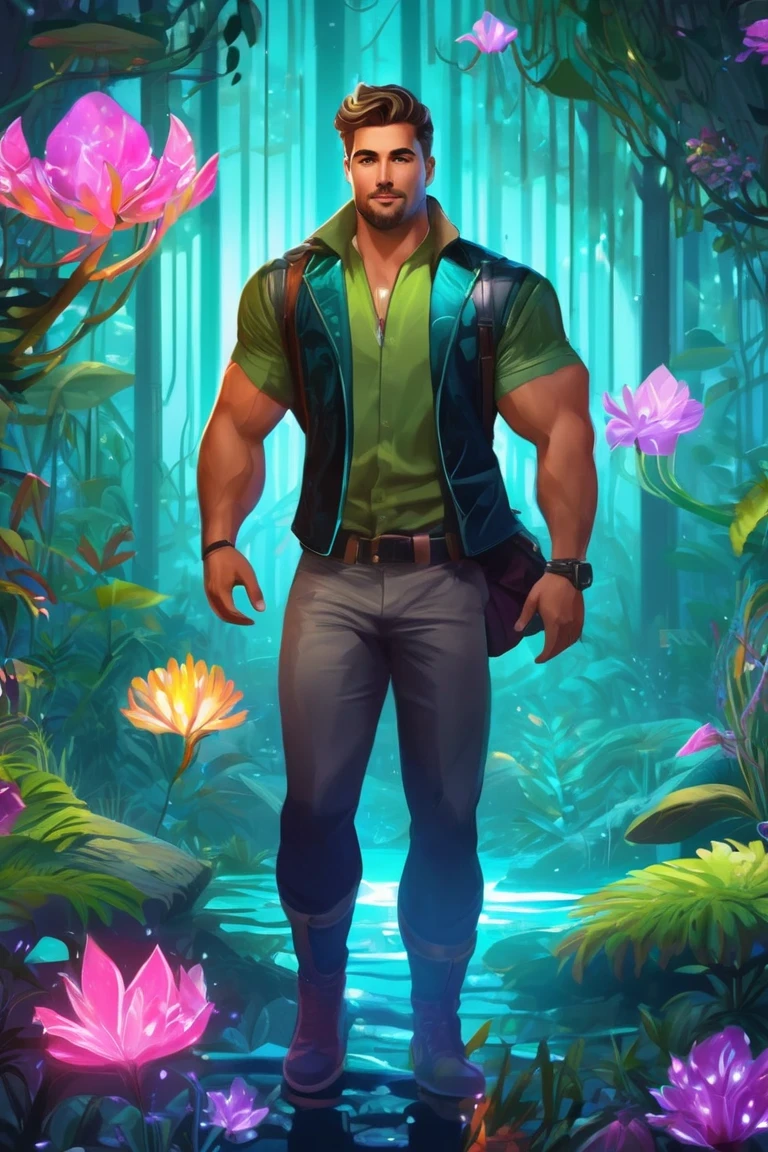 flvcil08 style <lora:style_08_simple_tone_l0-x_flvcil08_style:1>, man standing,
stripper, functional,
Enchanted forest and bioluminescent flora,
high quality, masterpiece, highres,