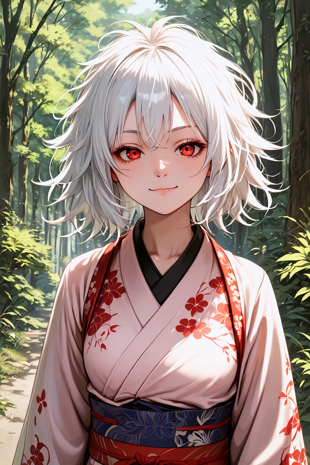 score_9, best quality,
1girl,white hair,red eyes,kimono,frown,evil smile,nature,messy hair