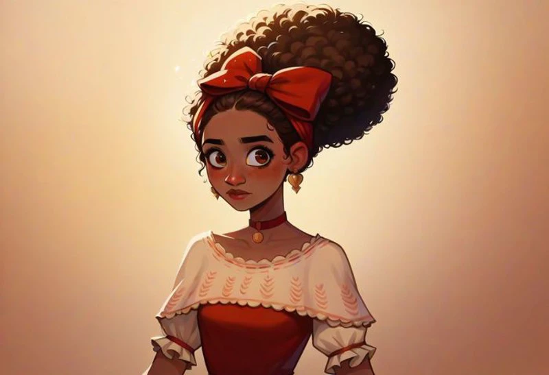 score_9, score_8_up, score_7_up, score_6_up, score_5_up, score_4_up, ponypositive, MENOZIRIATH_STYLE
1girl, Dolores Madrigal, Dolores Madrigal(/Encanto)/,(ultra HD quality details), black skin, ebony girl, (afro, hair bow), upward hairbun, hair bow, earrings, red choker, brown eyes, Slim girl, flat chest, tiny breasts, wide hips, narrow waist, skinny,
dolores,brown hair,upward hair,brown eyes,
brown eyes, masterpiece,