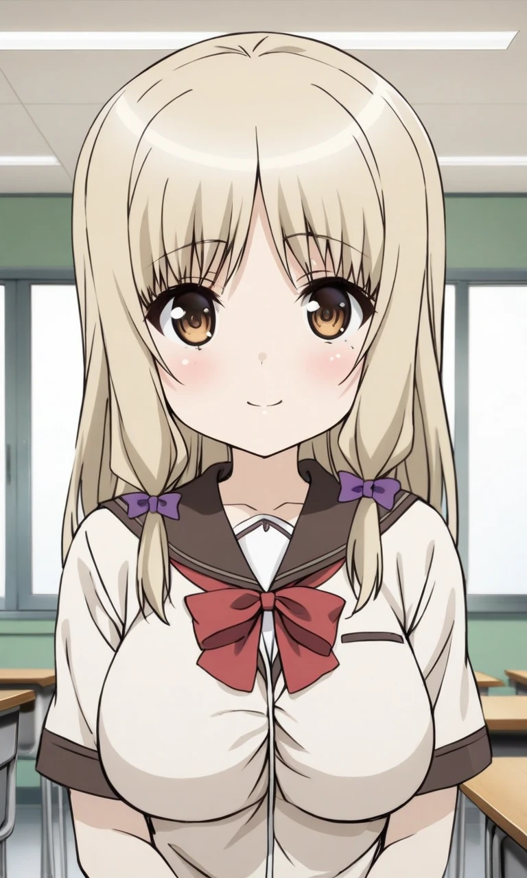 masterpiece, best quality, BREAK
solo, kujoufumi, (big breasts:0.6), school uniform, 
looking at viewer, light smile, blush, red bow, 
indoors, classroom, 
<lora:KujouFumi_XL:1>