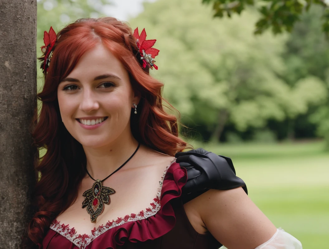RAW photo, subject, 8k uhd, dslr, high quality, film grain, Fujifilm XT3, professional photo, (detailed skin:1.3), high quality, dress with lots of fabric layers, hard shadows, trim, young woman, <lora:Bridgerton_Dresses:0.65> , bridgerton dress, empire waist, bridgerton clothing, extremely delicate and beautiful,extremely detailed CG,unity 8k wallpaper, ultra detailed, beautiful detailed eyes, extremely detailed face, outdoors, 1girl, solo, upper body, (portrait:1.5), looking at viewer, facing viewer, smile, long hair, red hair, hair intakes, butterfly hair ornament, crescent earrings, lace applique, hair between eyes, bangs, purple eyes, jewelry, black coat, wing collar, red dress, medium breasts ,short sleeves, elbow gloves, black gloves, belt, red skirt, high heel boots, brown footwear, high neckline, thin body,