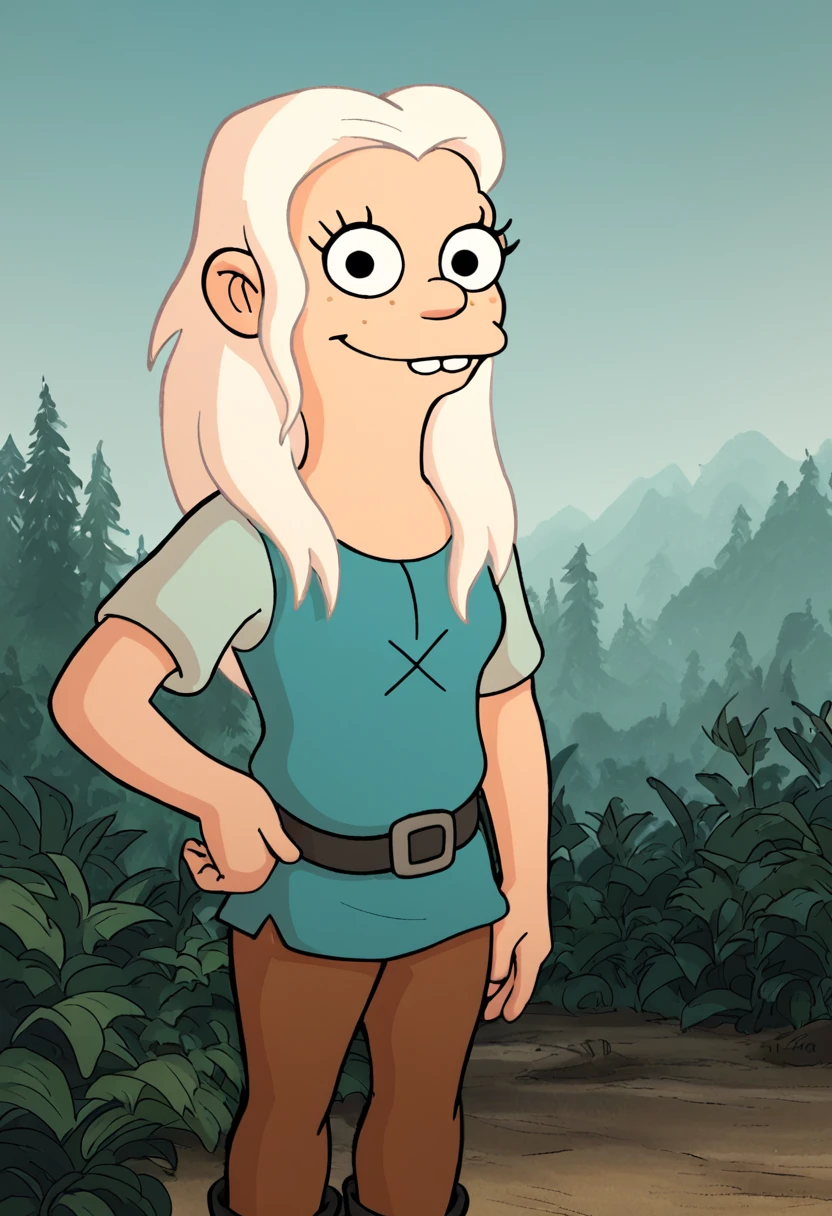 <lora:BeanPony2.0:1> tiabeanie, white hair, 1girl, long hair, buck teeth, solo, freckles, blue tunic, belt, brown pants, boots, black eyes, looking at viewer,smile, hand on own hip, cowboy shot, score_9, score_8_up, score_7_up, score_6_up, score_5_up, score_4_up,outdoors,