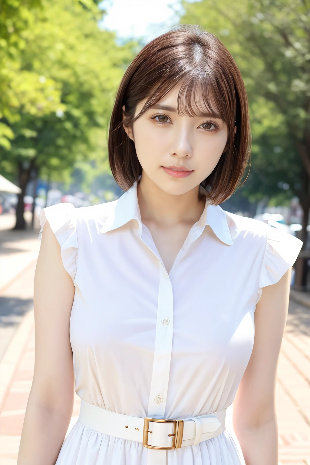 1girl, maitsubasa_jav, breasts, short hair,  brown eyes,
wearing collared white dress, belt, jewelry, outdoors,
detailed body, attractive body, perfect human body, upper body,
looking at viewer, shot using canon DSLR,
(ultimate quality, masterpiece, highres:1.0), realistic:1.8, photorealistic,   <lora:JAV_mai_tsubasa_v1_epoch_12:0.8>