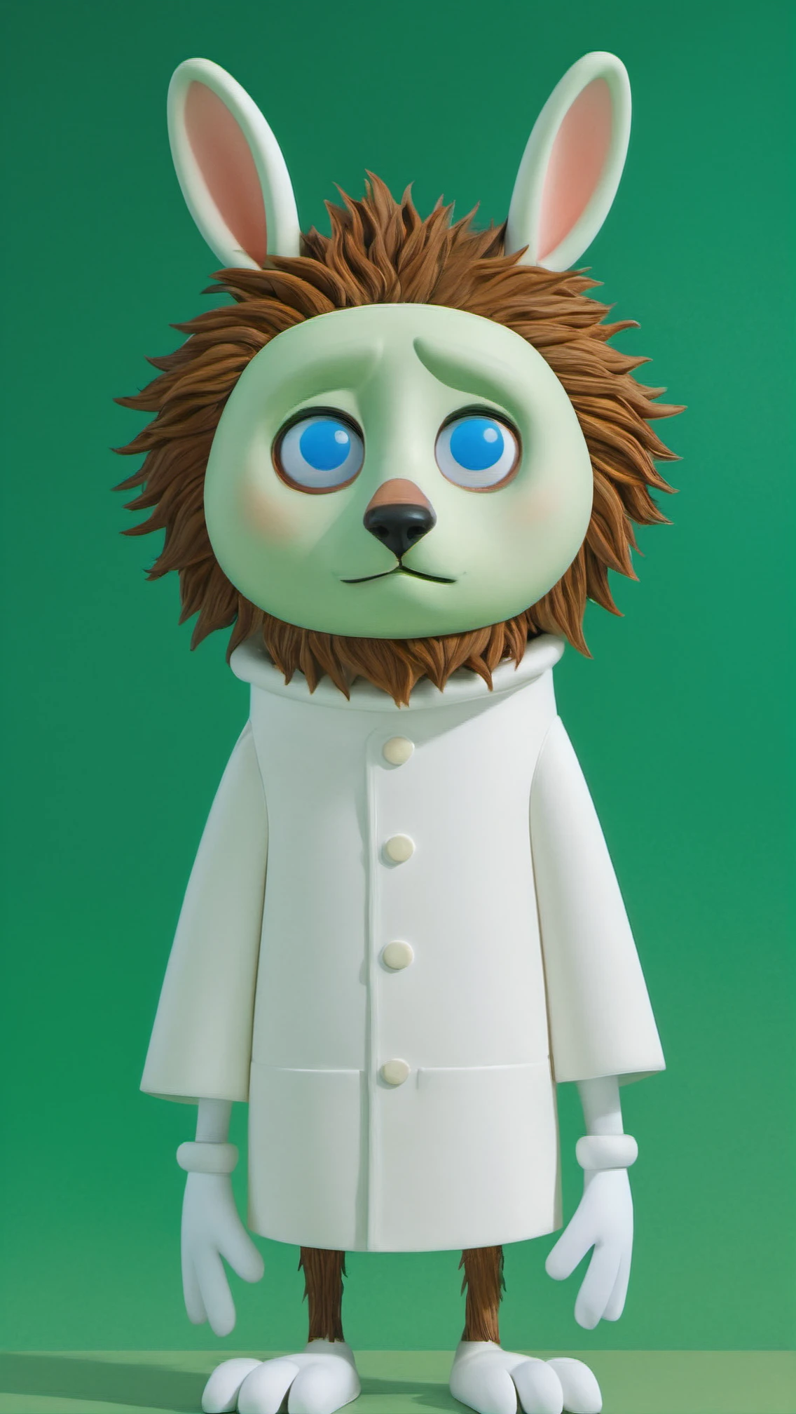 XCYP Trendy Play,In this painting,a hairy male character stands against a background of simple green gradients,looking directly at the viewer. He was dressed in minimalist costumes,with his hands hanging down and animal ears and noses adding to the mystery. The white gloves contrasted sharply with the blue eyes,and the frowning look revealed a touch of melancholy. The screen uses 32K UHD technology,rich details,real texture,as if the audience into a fantasy world.,