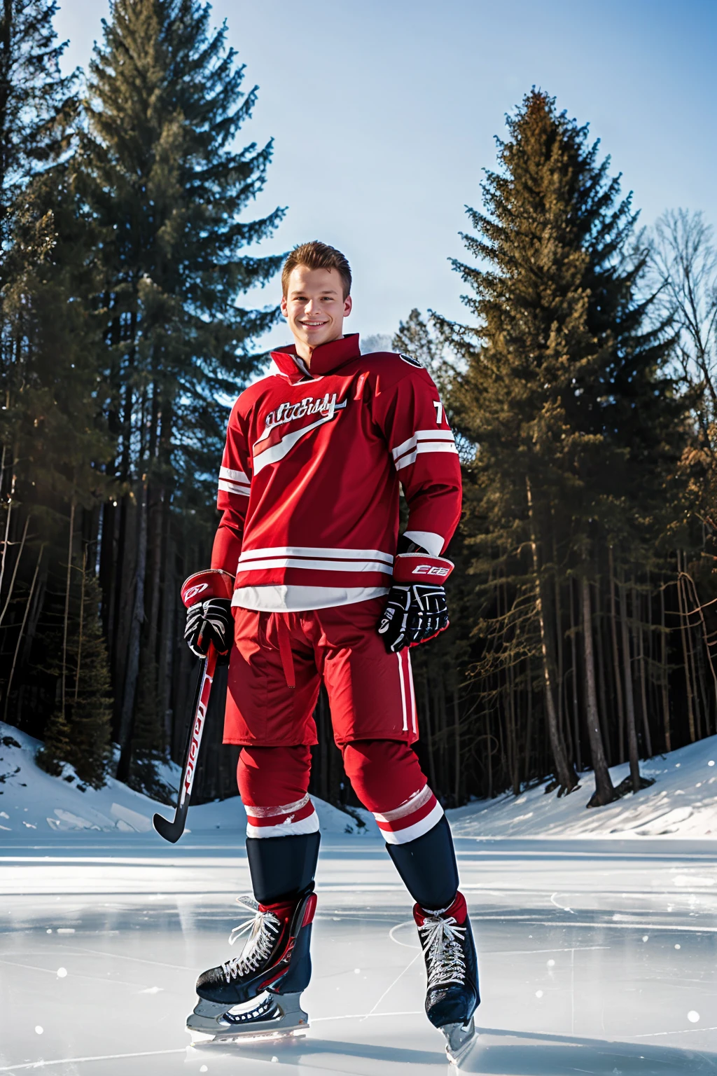 outdoor ice skating surface, forest with snow in the background, standing, smiling, RyanKutcher wearing red hockey shoulder pads, (red hockey uniform), gloves, holding hockey stick, (((full body portrait))), wide angle <lora:RyanKutcher:0.75>