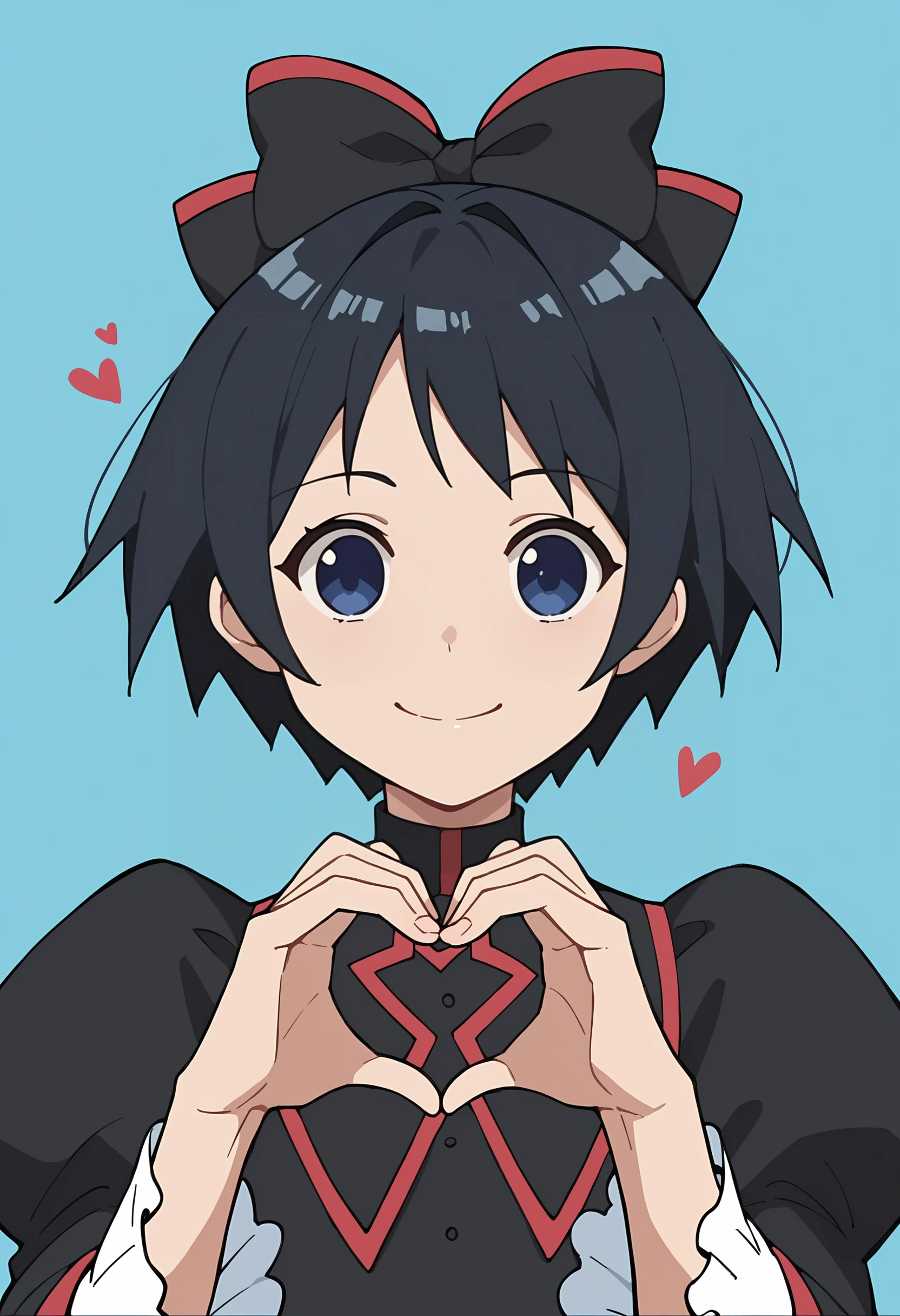 score_9, score_8_up, score_8, source_anime, 1girl, <lora:ChiyokoKurotori:0.75> short hair, black hair, blue eyes, bow, hair bow, black dress, ribbon, upper body, smile, heart hands,
light blue background, simple background,