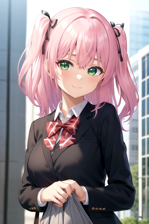 ((masterpiece)),(best quality),official art,extremely delicate and beautiful,extremely detailed CG,unity 8k wallpaper,ultra detailed,beautiful detailed eyes,extremely detailed face,outdoors,1girl,solo,upper body,(portrait:1.5),looking at viewer,facing viewer,smile,Yanagibashi Ayami,long hair,pink hair,twintails,two side up,hair ribbon,black ribbon,hair intakes,hair between eyes,bangs,green eyes,school uniform,black jacket,blazer,red bowtie,white shirt,collared shirt,long sleeves,large breasts,skindentation,miniskirt,white skirt,pleated skirt,zettai ryouiki,black thighhighs,loafers,black footwear,<lora:Yanagibashi Ayami(rk):0.6>,
