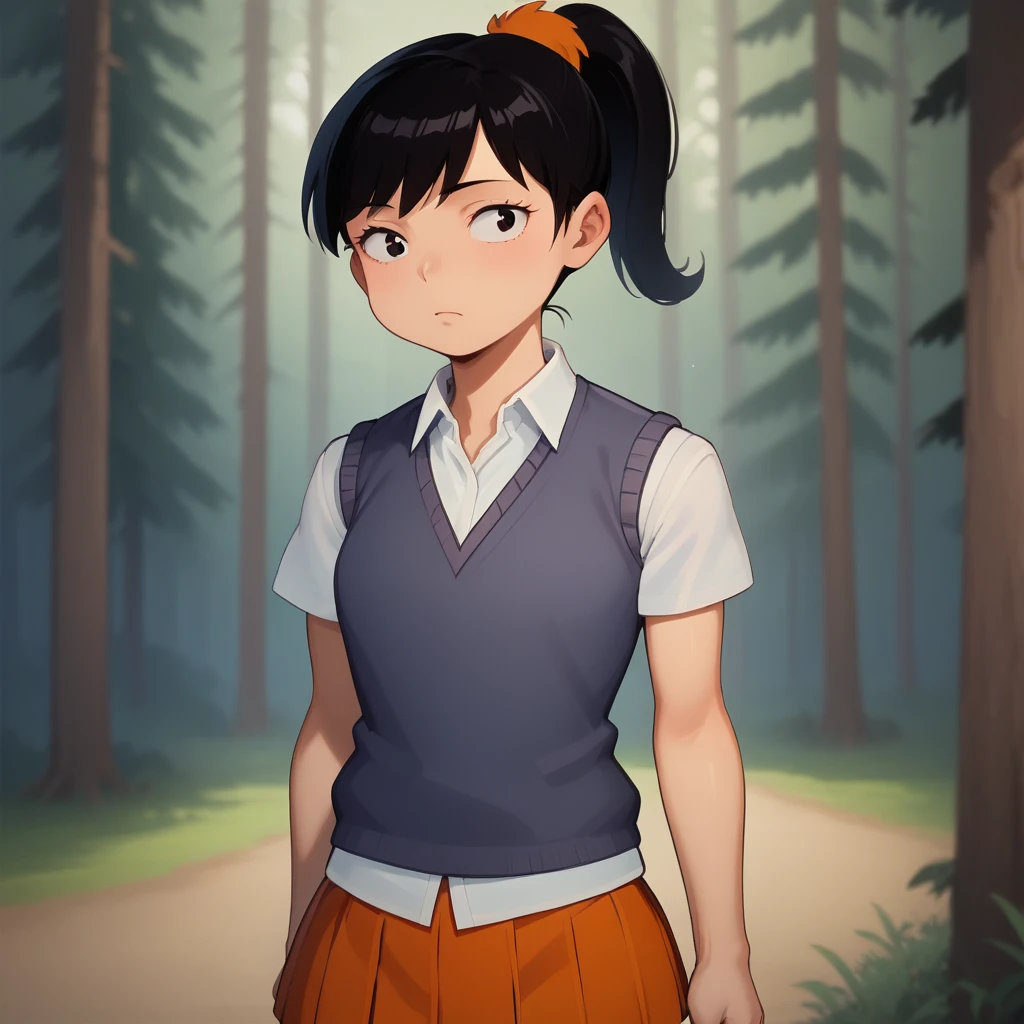 score_7_up, BREAK, source_cartoon, Akiko Yoshida, 1girl,  solo, black hair, ponytail, <lora:Akiko_Yoshida_PXL_Leaf2:1> , sweater vest, white shirt, school uniform, orange skirt, cowboy shot, forest, depth of field,