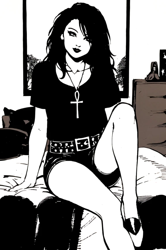 Portrait illustration of d34th3ndl3ss woman, in a bedroom, eye makeup, black white comics