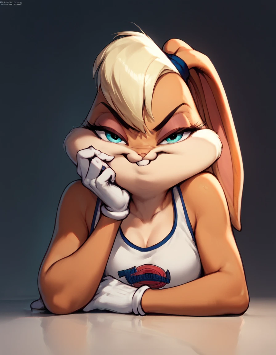 score_9, score_8_up, score_7_up, score_6_up, score_5_up, score_4_up, source_anime, LolaBunny, portrait, head rest, smirk
