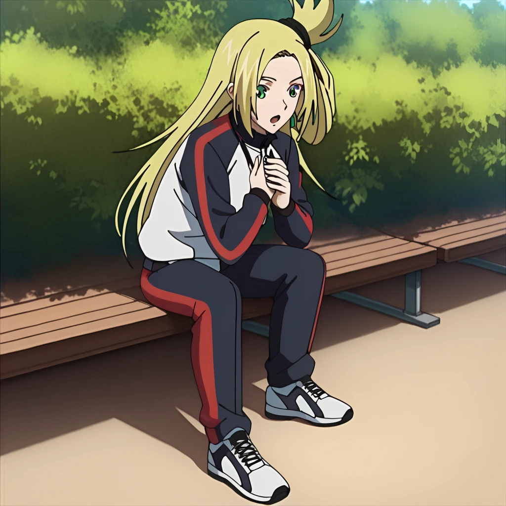 score_9, score_8_up, score_7_up, source_anime, 1girl, solo, tatsunagi_kourin_gym, blonde hair, green eyes, long hair, topknot, hair tie, earrings, medium breasts, track suit, track jacket, track pants, id card, sneakers, white sneakers, surprised, hand on own chest, <lora:Cardfight_Vanguard_Kourin:1>