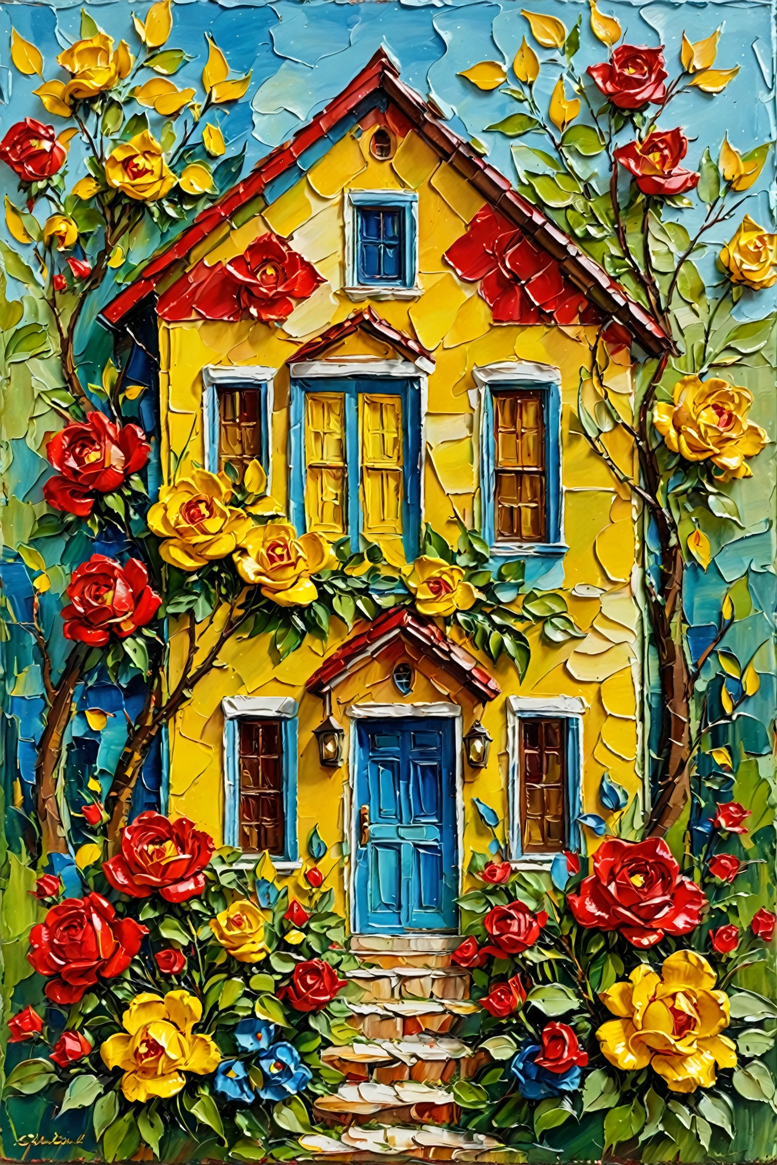 A vibrant and colorful painting of a house surrounded by lush greenery. The house is painted in shades of blue, yellow, and red, with a prominent red door. The roof is depicted in shades of brown and red. The surrounding environment is adorned with yellow flowers, red roses, and green leaves. The painting style is thick and textured, giving it a three-dimensional feel.<lora:EMS-387362-EMS:0.800000>