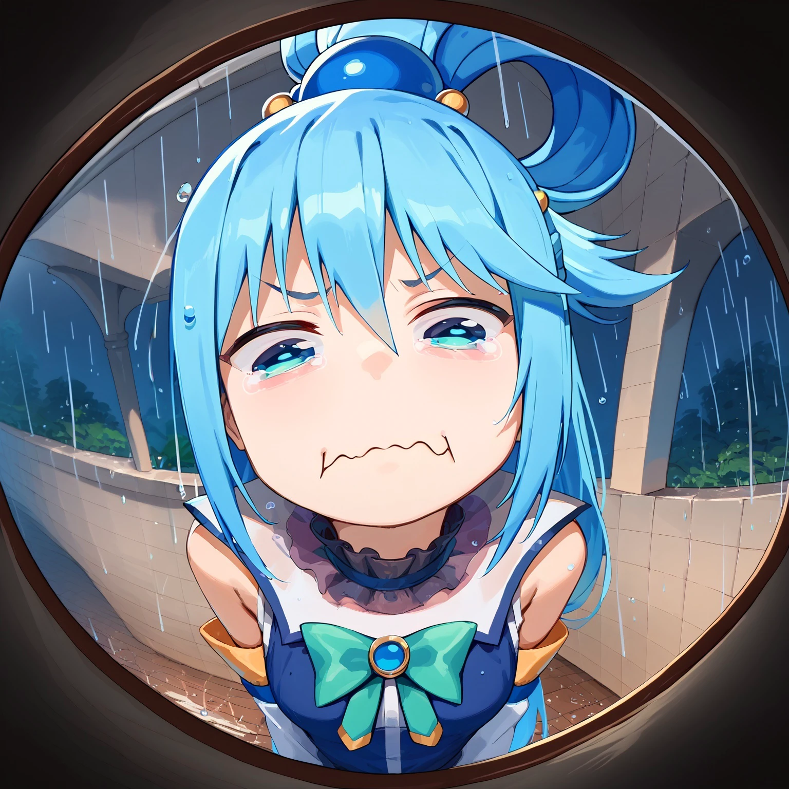 score_9,score_8_up,score_7_up,fisheye,outdoors, raining,night,1girl, aqua \(konosuba\), kono subarashii sekai ni shukufuku wo!, blue hair, hair rings, blue eyes,aquacrying, wavy mouth, closed mouth, tearing up
<lora:door_fisheye_v1:1> <lora:concept_aquacrying_ponyXL:0.8>