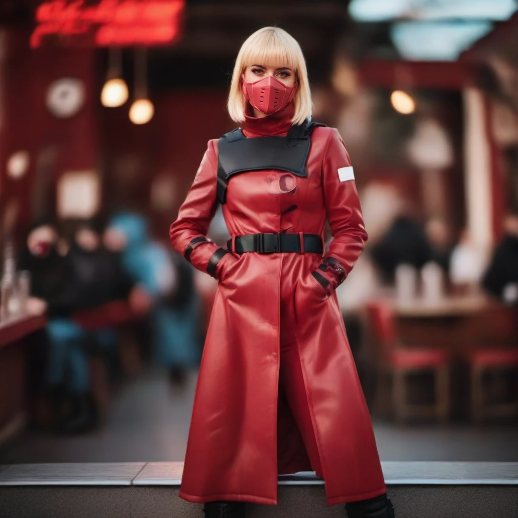 cinematic photo a full body woman with a pink mask in a red long coat and boots, having a cocktail with a straw in a pub <lora:Kiwi1024-250:0.8> . 35mm photograph, film, bokeh, professional, 4k, highly detailed