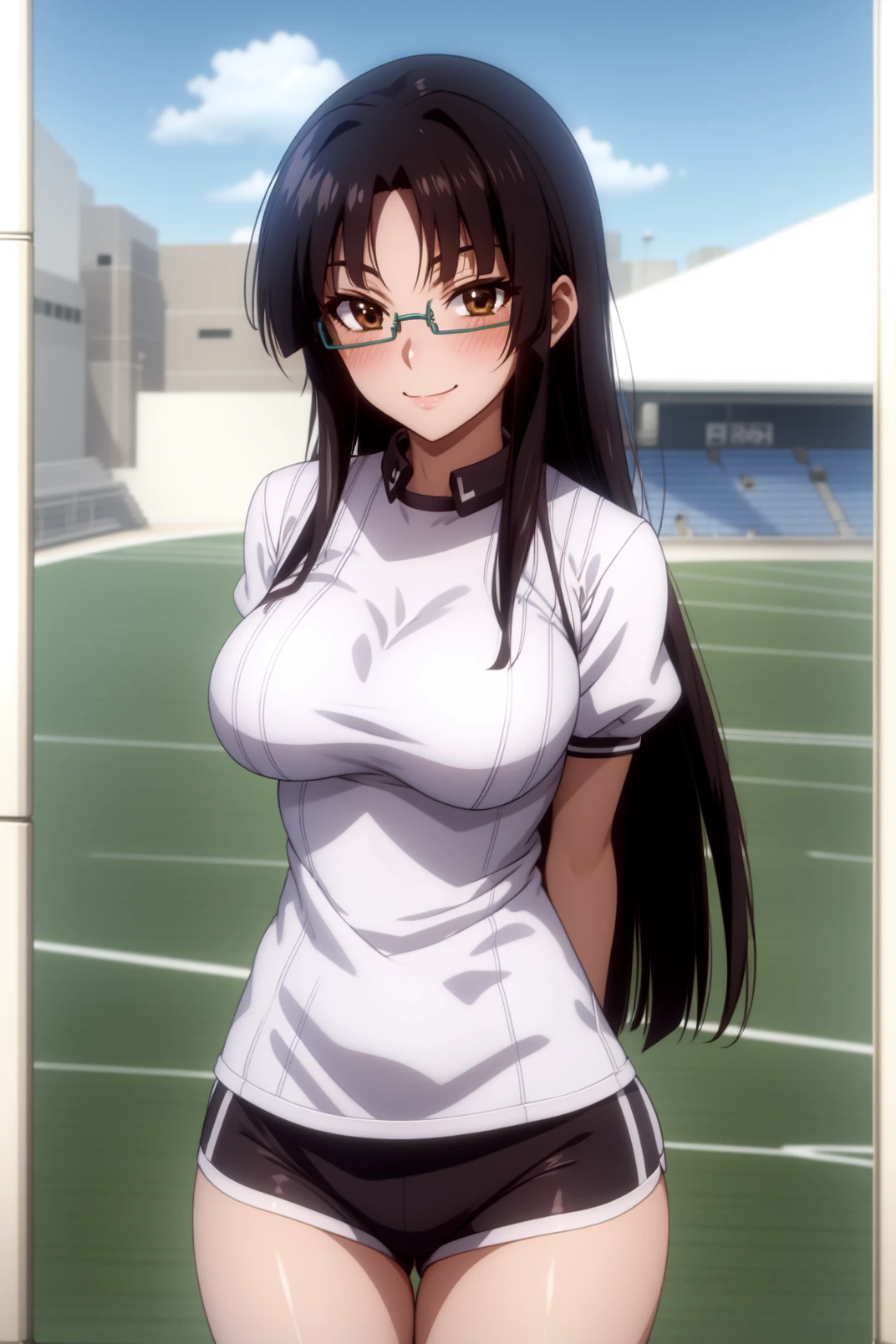 solo, masterpiece, best quality, outdoors, stadium, looking at viewer, smile, closed mouth, blush, standing, cowboy shot, thighs, shinra, brown eyes, long hair, black hair, glasses, semi-rimless eyewear, under-rim eyewear, parted bangs, blunt bangs, white shirt, short sleeves, gym uniform, baruma, arms behind back