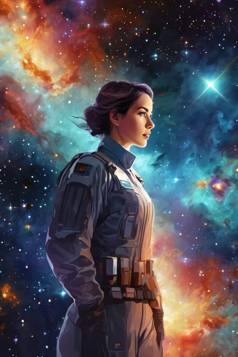 flvcil10 style <lora:style_10_pattern_heavy_l2-x_flvcil10_style:1>, woman  standing, 
engineer, unadvised,
Deep space nebula and star clusters, 
high quality, masterpiece, highres,