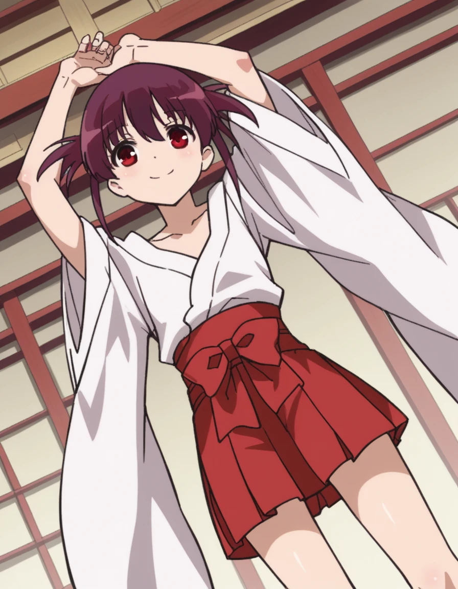 score_9, score_8_up, score_7_up, source_anime,
hatsumiusuzumi, <lora:hatsumi-usuzumi-s2-ponyxl-lora-nochekaiser:1>,
hatsumi usuzumi, short hair, red eyes, twintails, purple hair,
skirt, japanese clothes, hakama, hakama skirt, miko, red hakama,
indoors, dojo, smile, arms up,
cowboy shot, looking at viewer, solo, dutch angle,