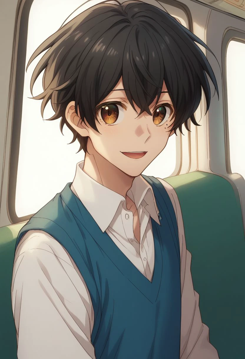 score_9, score_8_up, source_anime, highly detailed, 1boy, 
miyano, 1boy, male focus, solo, black hair, mole under eye, mole, brown eyes, shirt, train interior, looking at viewer, white shirt, hair between eyes, sweater vest,
upper body, open mouth, smile,